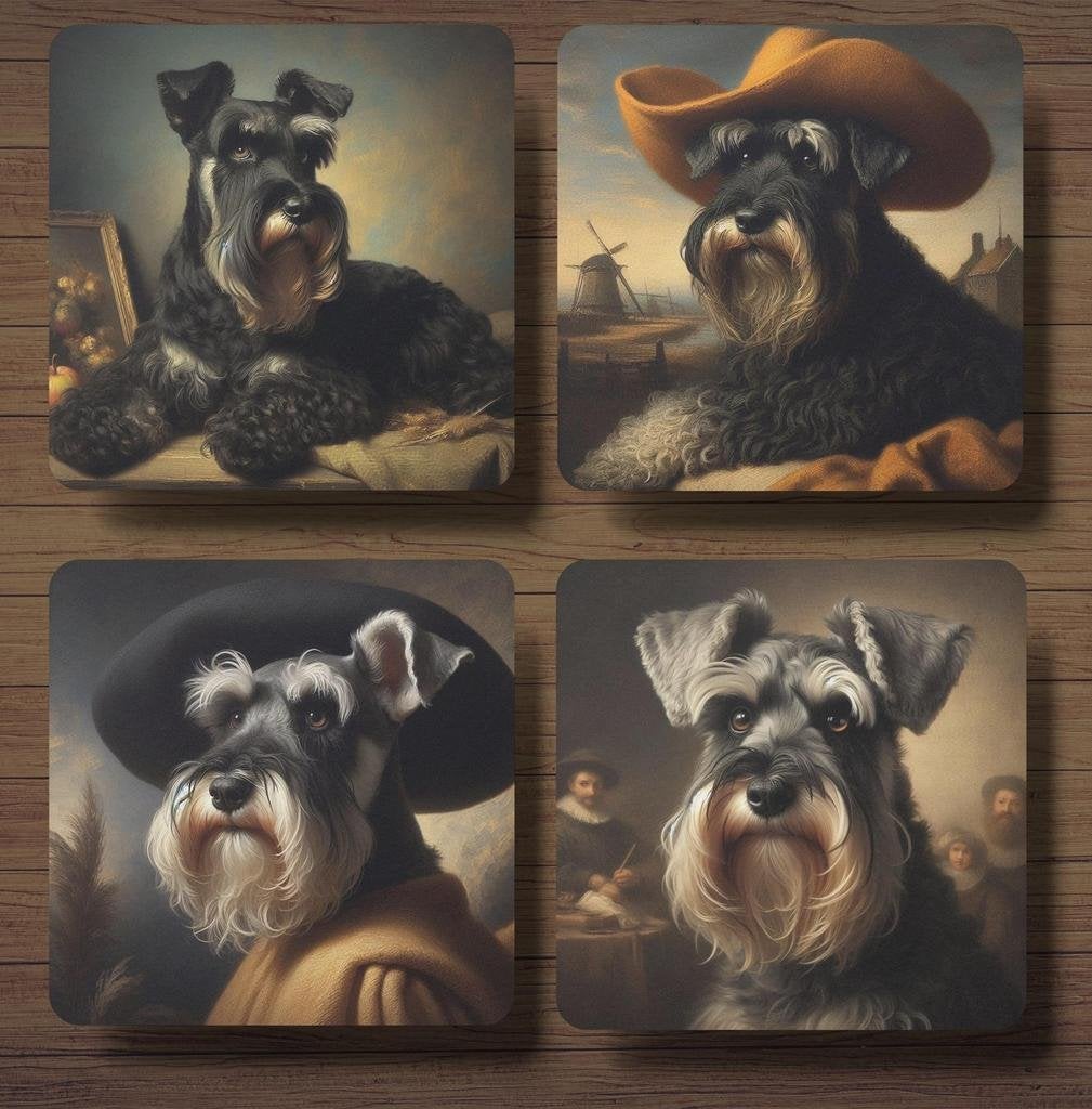 Schnauzer Rembrandt stijl onderzetters met houder, Ophalen of Verzenden, Nieuw