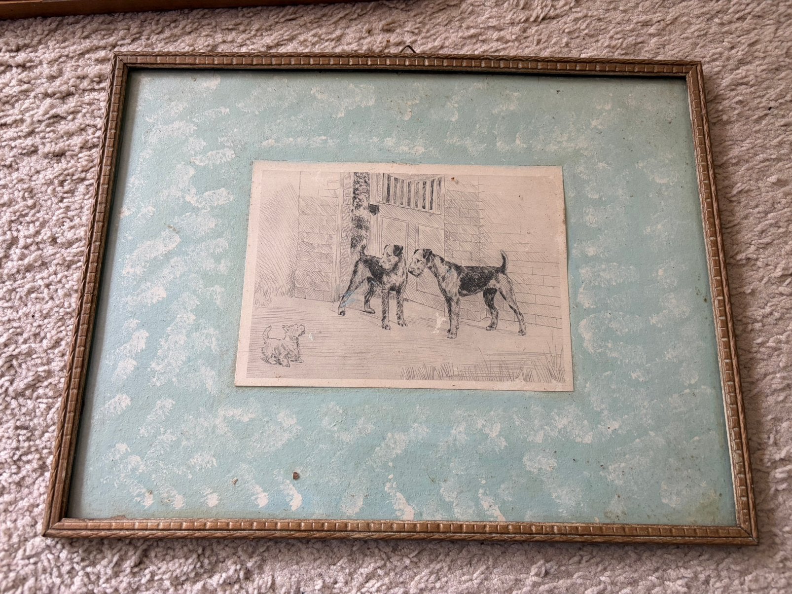 Antieke ets van terriërs met puppy, ingelijst, Ophalen, Ingelijst, 1800 - 1899, Ets