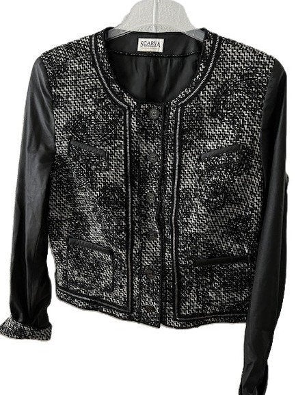 SCARVA jasje tweed faux leather 44 zwart zilver was 250 euro, Kleding | Dames, Verzenden, Scarva, Zwart, Maat 42/44 (L)