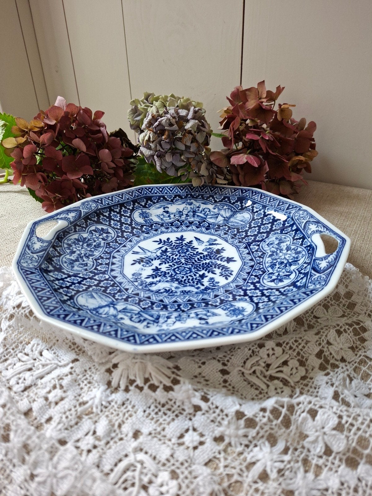 Prachtig 12-hoekig blauw-wit serveerplateau met handvatten (, Ophalen of Verzenden
