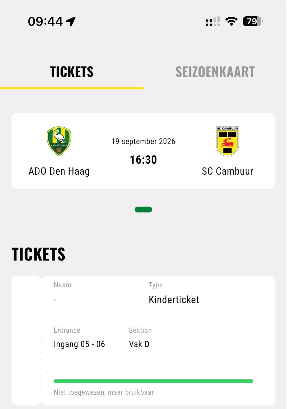 ADO vs Cambuur kinderticket aad mansveld tribune, Eén persoon