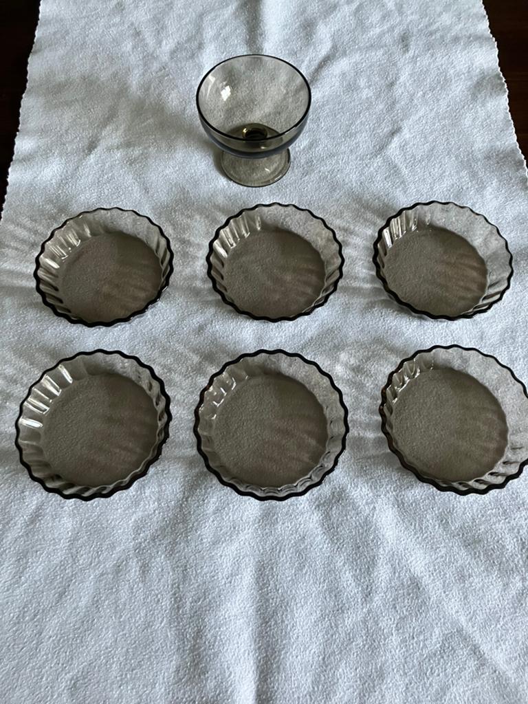 Vintage rookglas / smoke glass set – 6 schaaltjes, coupeglas, Ophalen of Verzenden, Bord(en), Overige stijlen, Glas