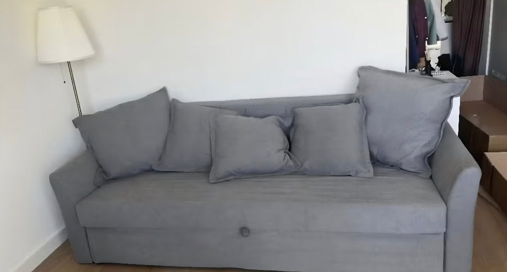 IKEA 3-zits slaapbank Holmsund Borgunda donkergrijs, Ophalen, 90 cm, Tweepersoons, Zo goed als nieuw