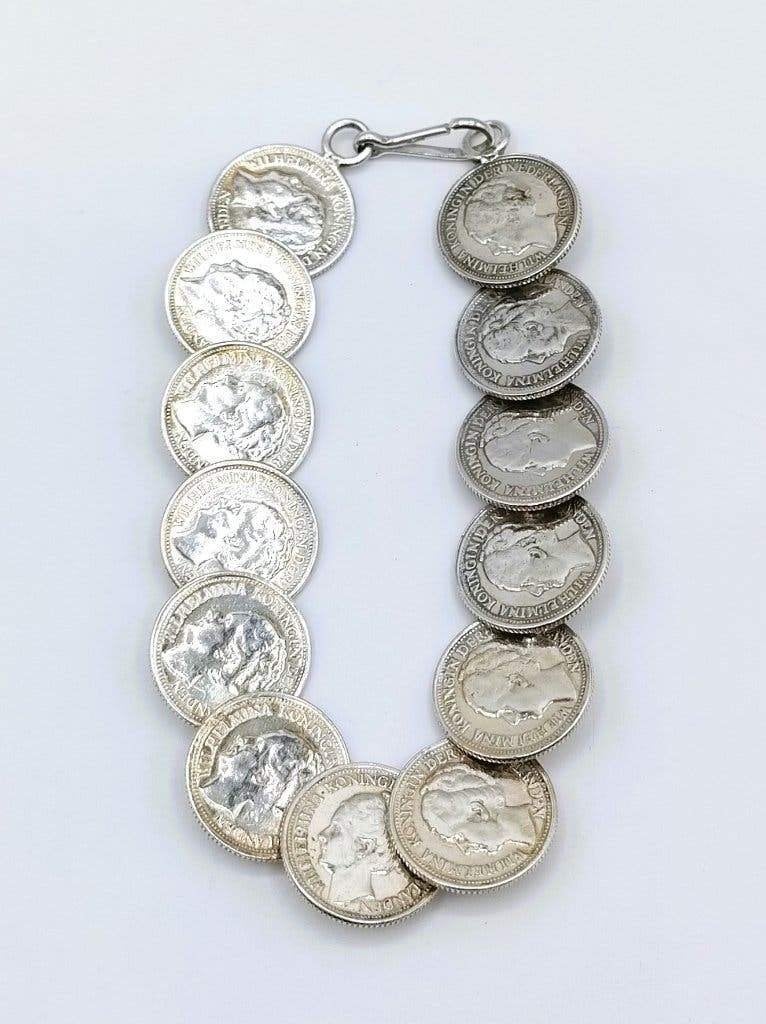 Zilveren dubbeltjes armband, Wilhelmina, 18,5 cm.