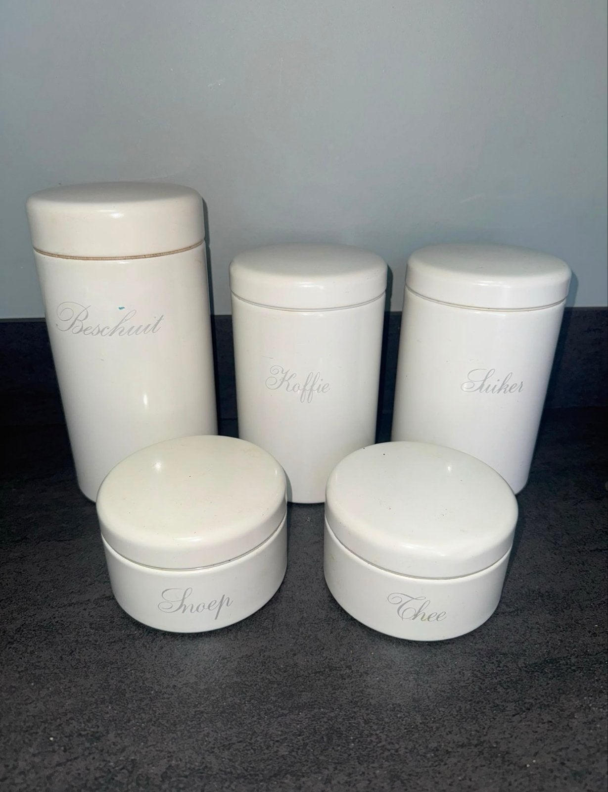 Vintage voorraadpotten set: Beschuit, Koffie, Suiker, Snoep,, Gebruikt, Ophalen of Verzenden, Voorraadpot, Steen/keramiek