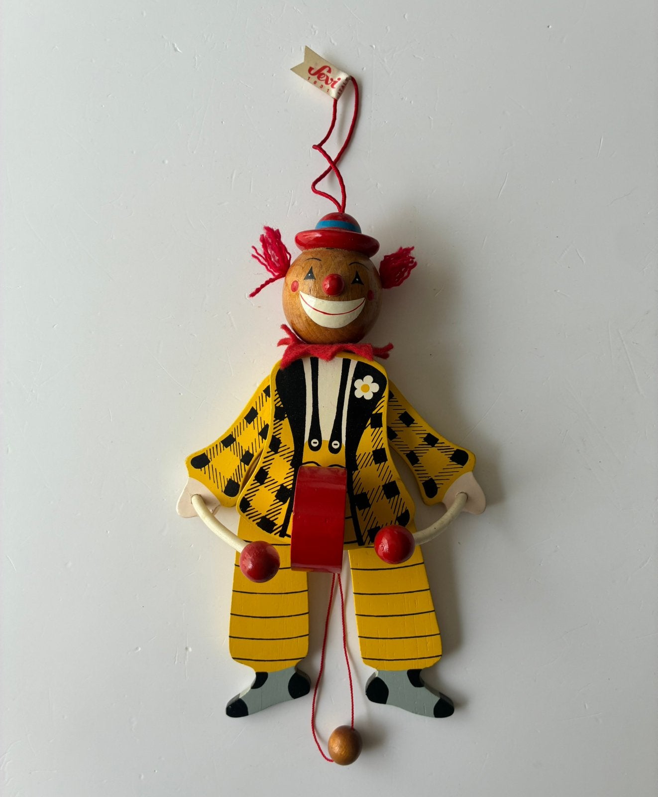 Vintage trekpop trommelende clown Sevi Italy, Gebruikt, Ophalen of Verzenden, Duw- of Trekspeelgoed, Nvt