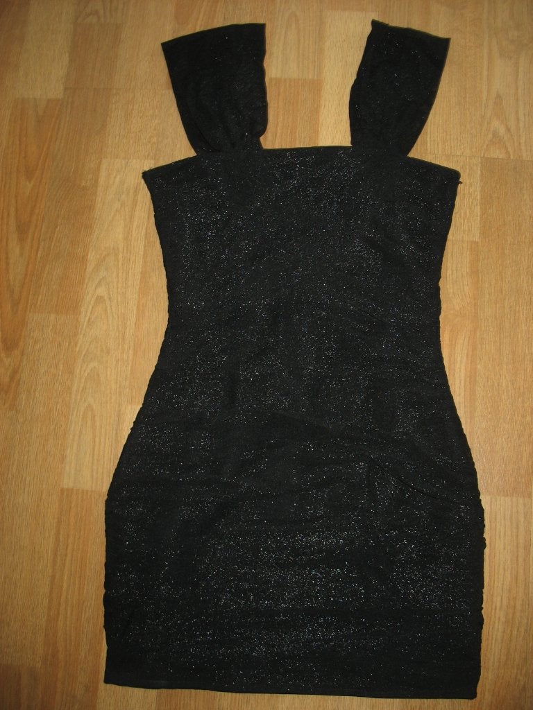 Jane Norman Zwarte glitter Mini Jurk met bandjes Mt S Vintag, Zwart, Ophalen of Verzenden, Maat 36 (S), Boven de knie