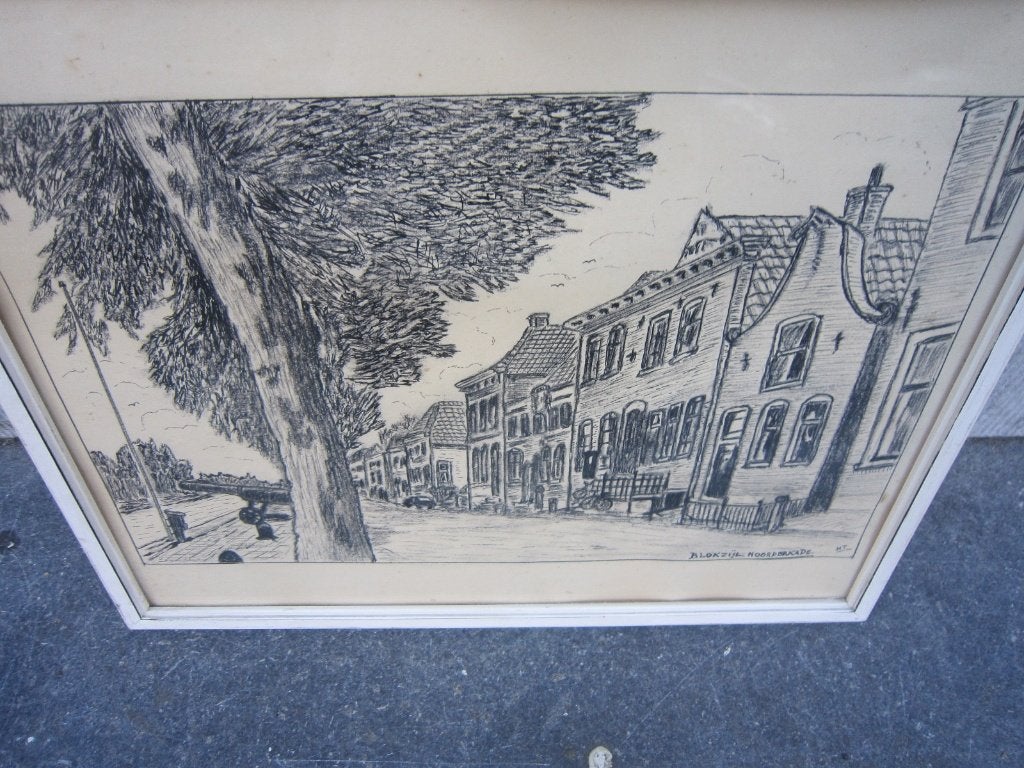 NOORDERKADE BLOKZIJL, Mooie gesigneerde Conte tekening, Antiek en Kunst, Ophalen of Verzenden