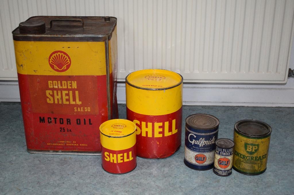 Liquidatie lot olie blik shell gulf BP energol, Ophalen of Verzenden, Gebruikt, Reclamebord