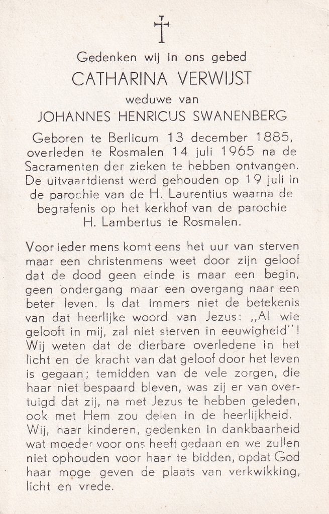 Verwijst Catharina 1885 Berlicum 1965 Rosmalen, Verzamelen, Ophalen of Verzenden, Bidprentje
