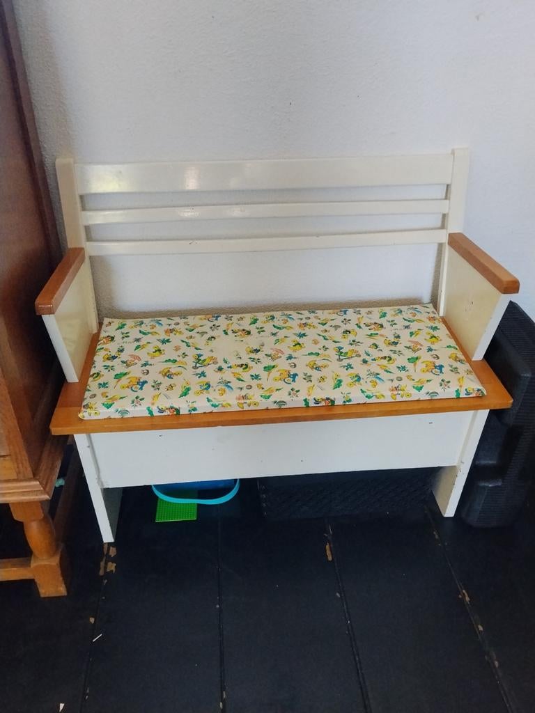 Retro Vintage Kinder Klepbank met Eendjesprint Zeil, Antiek en Kunst, Antiek | Meubels | Stoelen en Banken, Ophalen of Verzenden
