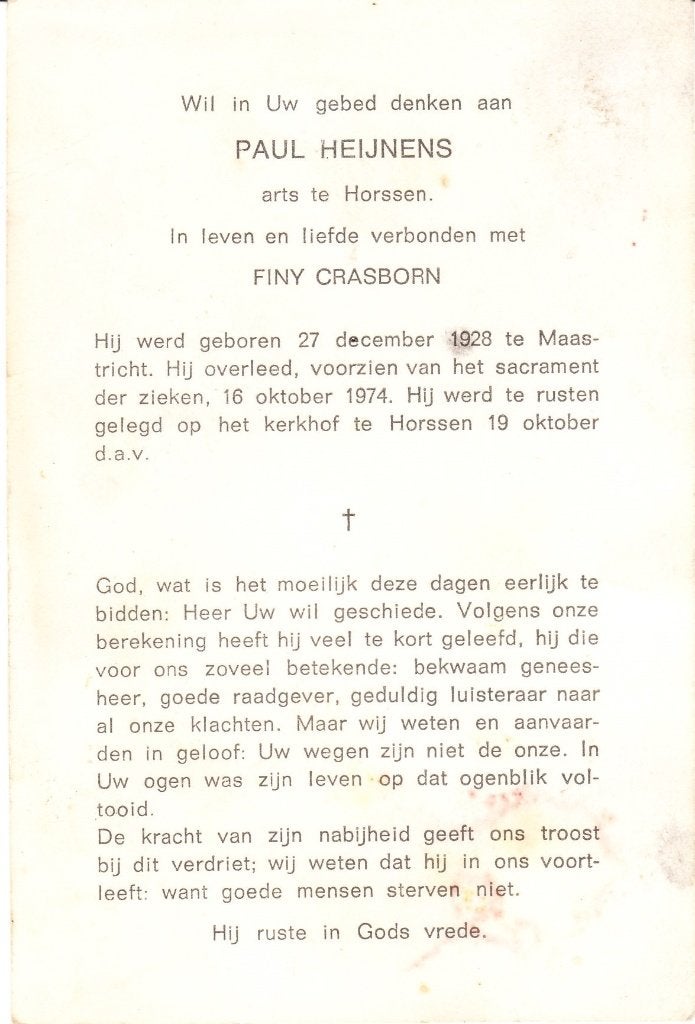 Maastricht 1928 - Horssen 1974 Paul Heijnens + knipsel krant, Verzamelen, Ophalen of Verzenden, Bidprentje