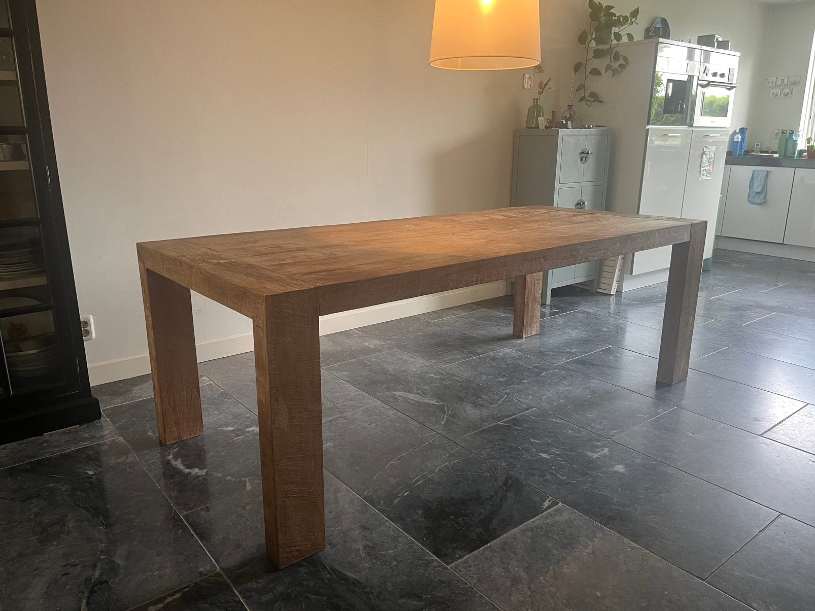Robuuste eikenhouten eettafel te koop, Huis en Inrichting, Tafels | Eettafels, Gebruikt, 50 tot 100 cm, 200 cm of meer, Vijf personen of meer