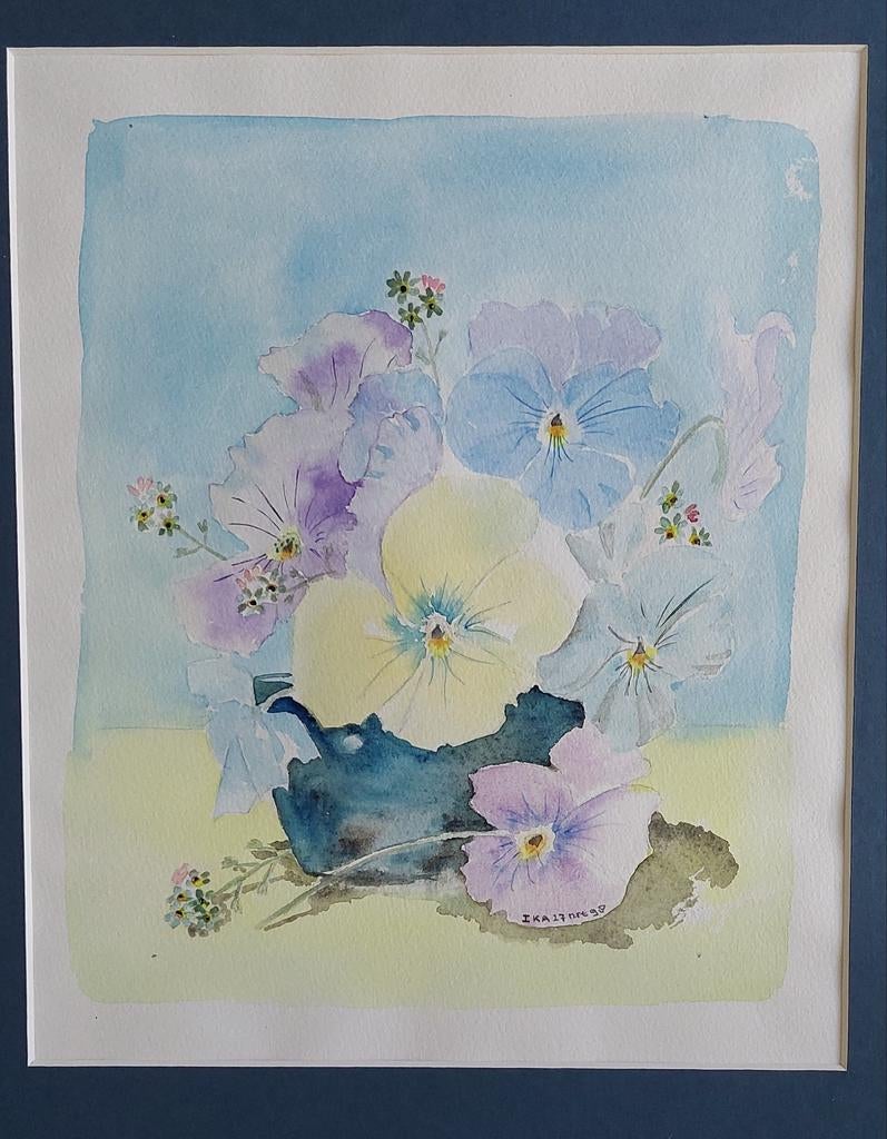 Origineel aquarel schilderij: Viooltjes in vaas, 22x27 cm, Ophalen