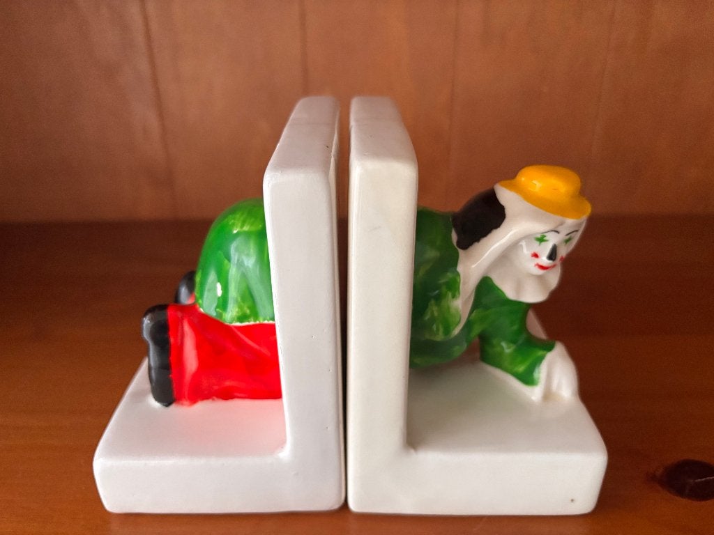 Vintage aardewerken boekensteunen met clown., Ophalen of Verzenden