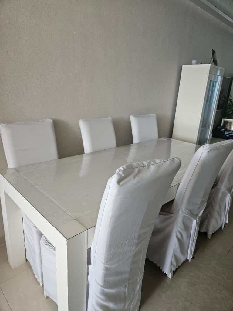 Eiken houten eettafel met 6 stoelen - 200x90 cm, Ophalen, Gebruikt, 50 tot 100 cm, Vijf personen of meer