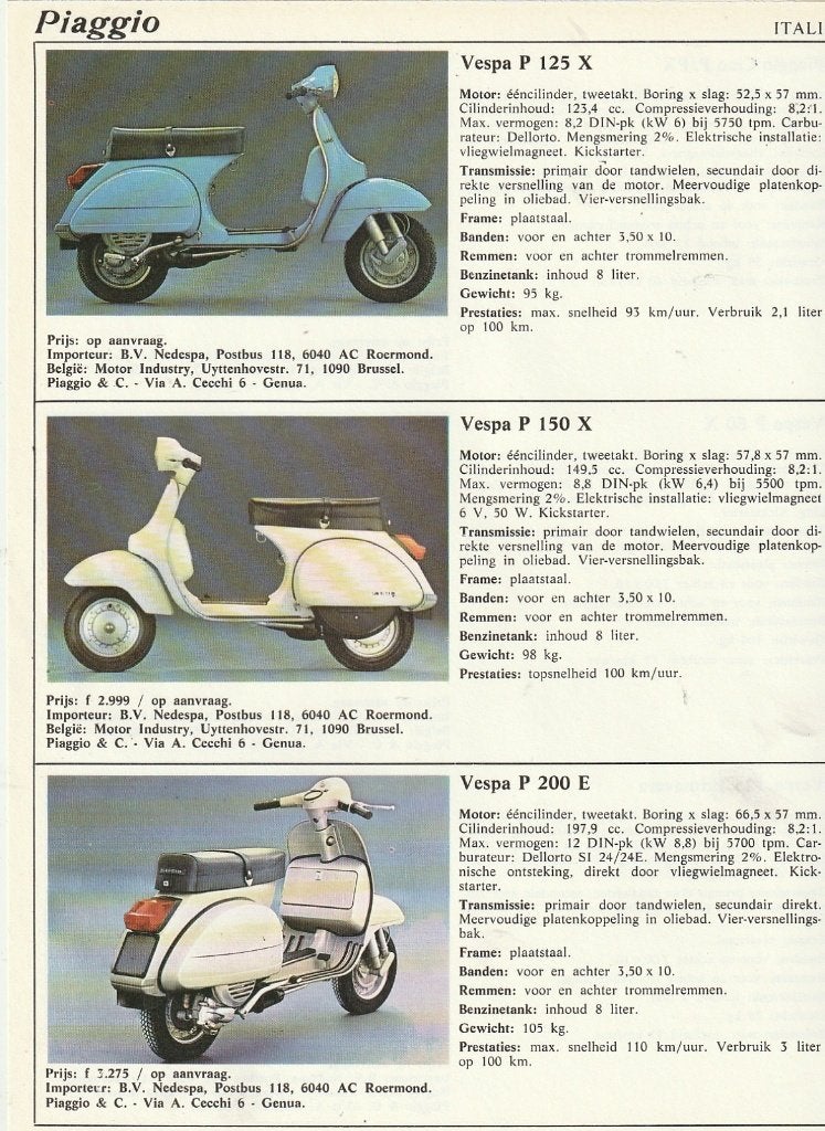 Vintage knipsel 1981 Vespa brommer scooter P200E P150X P125X, Verzenden, Overige typen