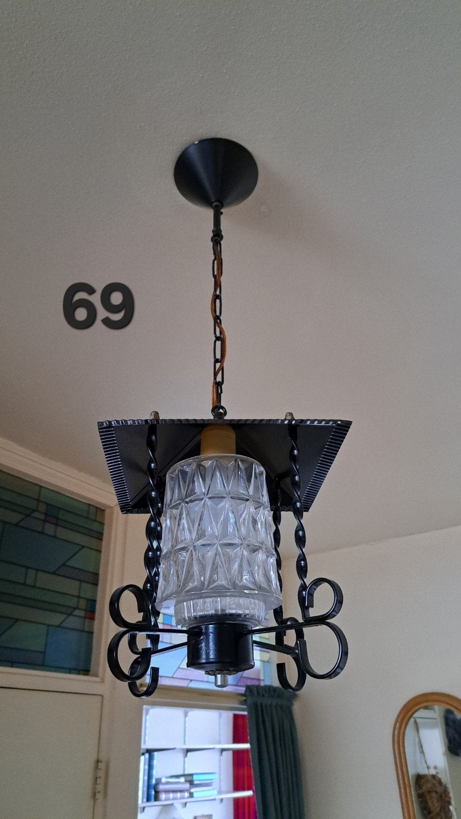 Vintage hanglamp met geslepen glas en smeedijzer, Ophalen of Verzenden