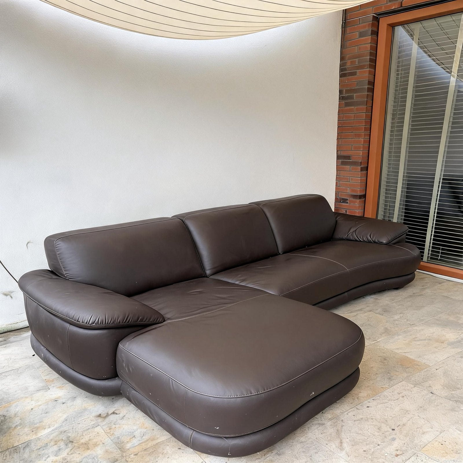 Bruin leren hoekbank met chaise longue, Huis en Inrichting, Ophalen, 250 tot 300 cm, 125 tot 150 cm, Hoekbank