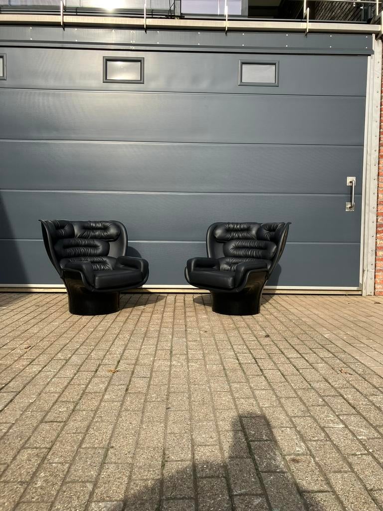 2x Joe Colombo Elda Chair Black leather, Black fiberglass, Ophalen of Verzenden, Stof, Cassina sede ligne roset togo vitra knoll swan egg mah jong