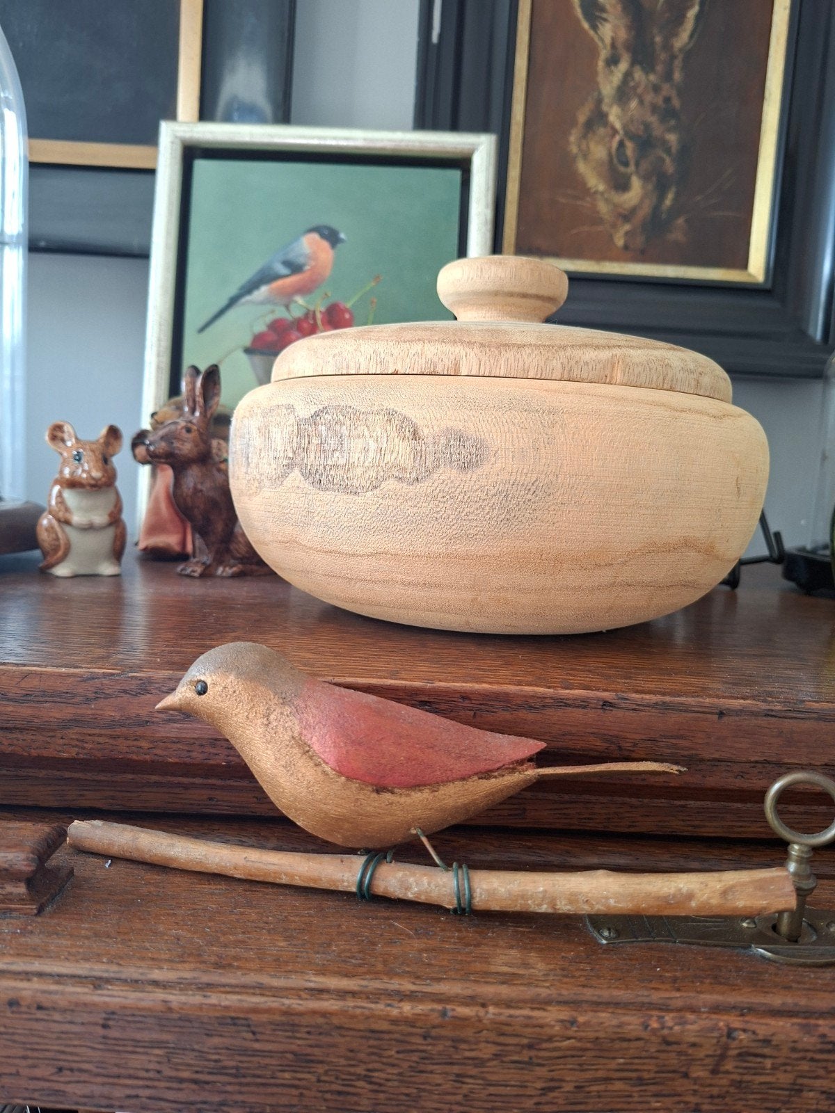 Antiek Houten Vogeltje op Tak - 16 cm, Ophalen of Verzenden