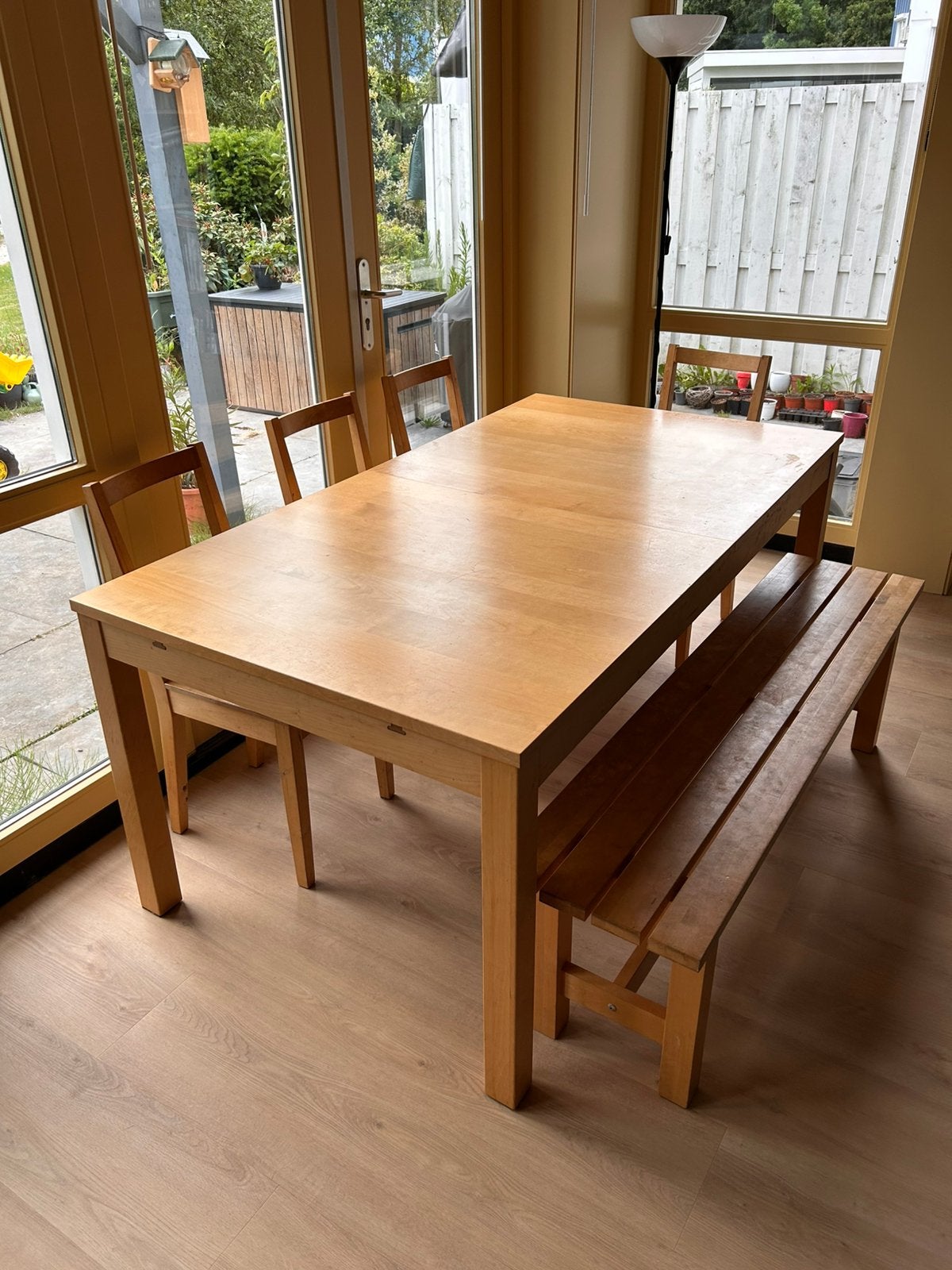 IKEA eettafel met bankje en  4 stoelen, Ophalen, Gebruikt, 200 cm of meer, 50 tot 100 cm