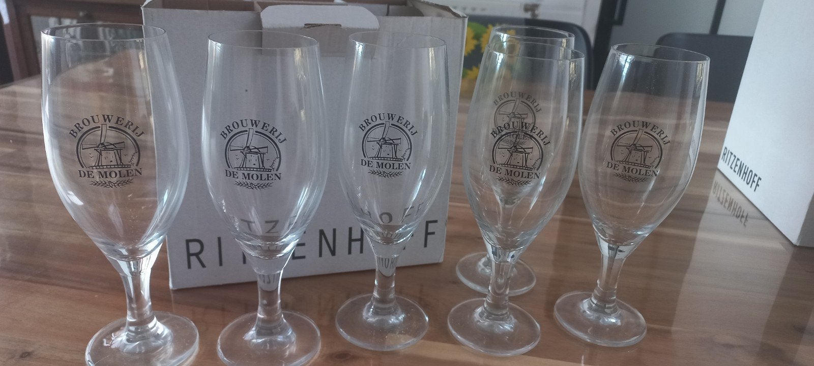 6 Bierglazen Brouwerij De Molen NIEUW IN DOOS, Ophalen, Nieuw, Glas of Glazen, Overige merken