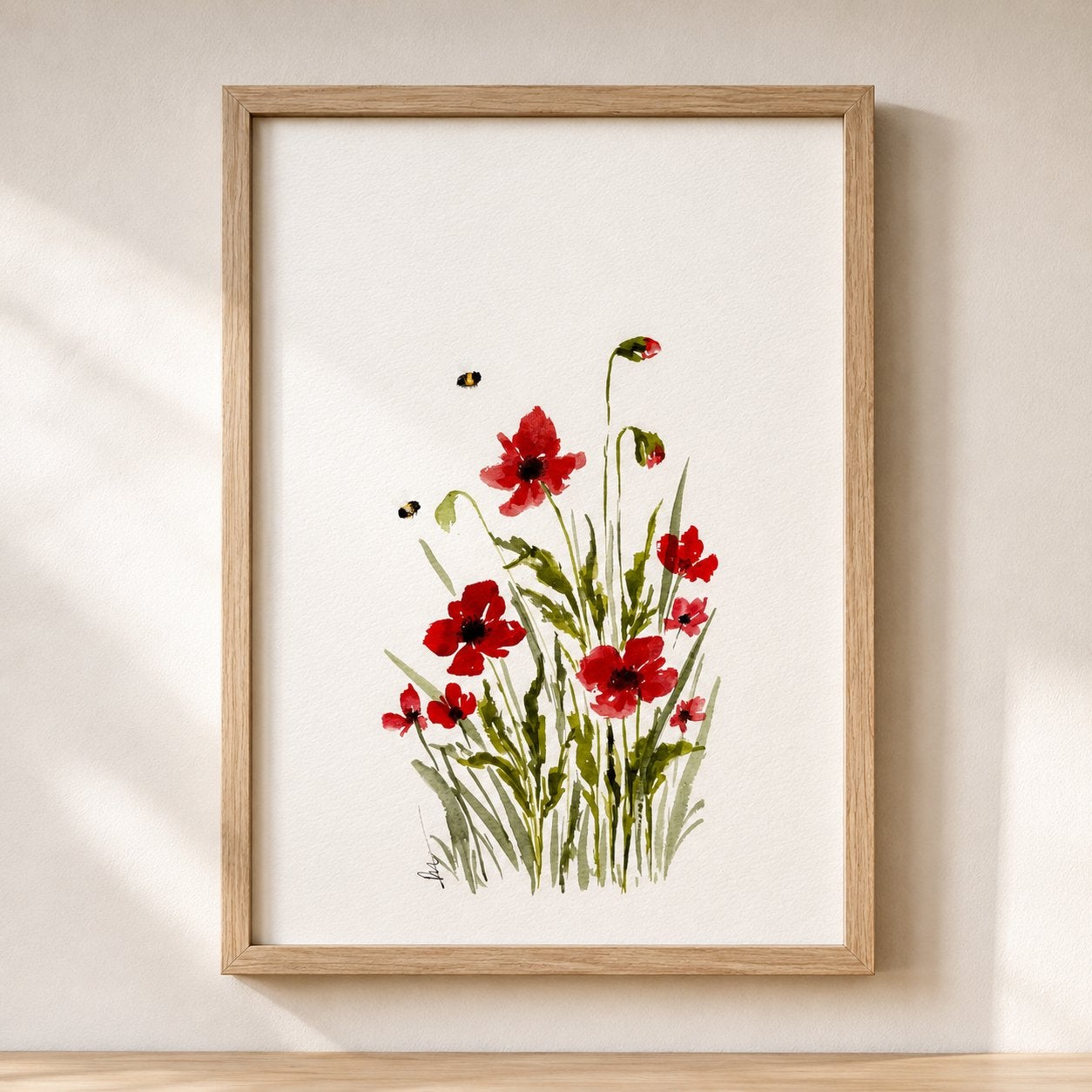 Aquarel van klaprozen en bijen, Verzenden, Schilderij, Aquarel, Origineel