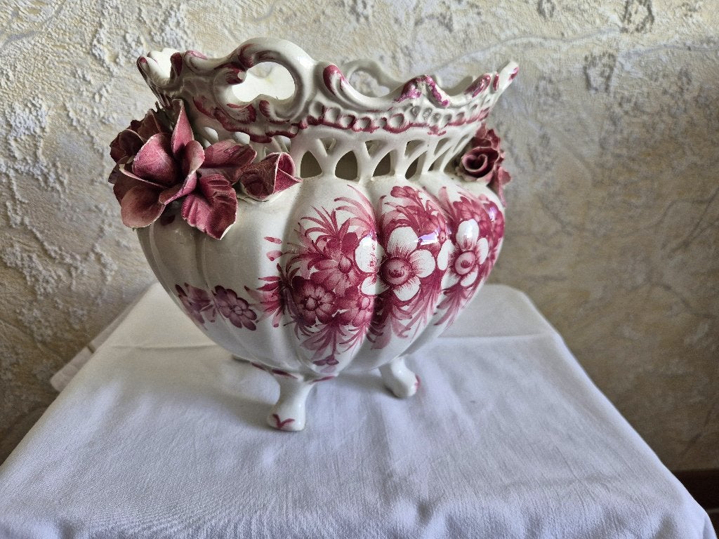 Vintage Italiaanse Jardinière / Bloempot met Rozen, Rond, Ophalen of Verzenden, Aardewerk, Minder dan 40 cm