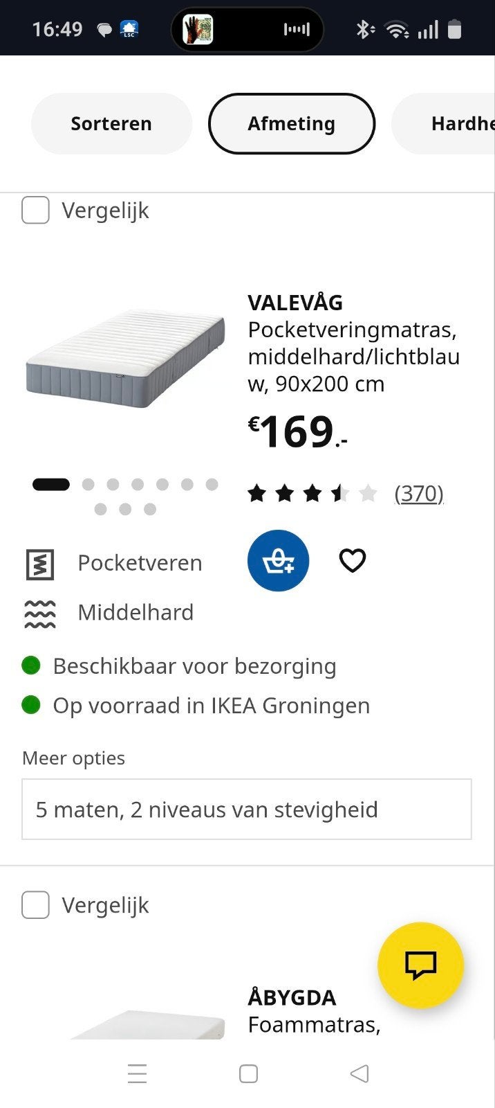 IKEA VALEVÅG Pocketveringmatras, 90x200 cm, middelhard, Ophalen, 90 cm, Eenpersoons, Zo goed als nieuw