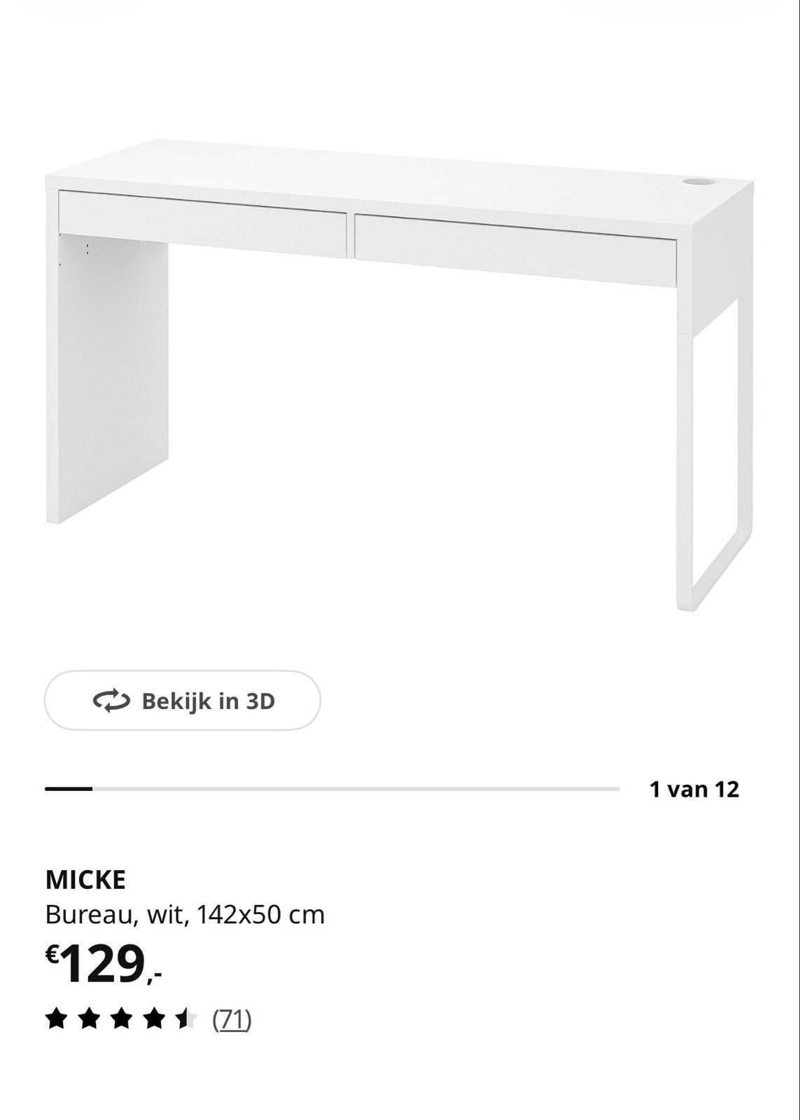 IKEA MICKE Bureau Wit - 142x50 cm met 2 lades, Ophalen, Gebruikt, Met lades, Spaanplaat of MDF