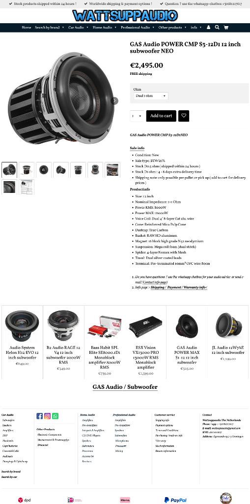 GAS Audio POWER CMP S3-12D1 12 inch subwoofer NEO, Info@optimount.nl, Nieuw, Ophalen of Verzenden, Anholtseweg 48A 7091 HB DINXPERLO