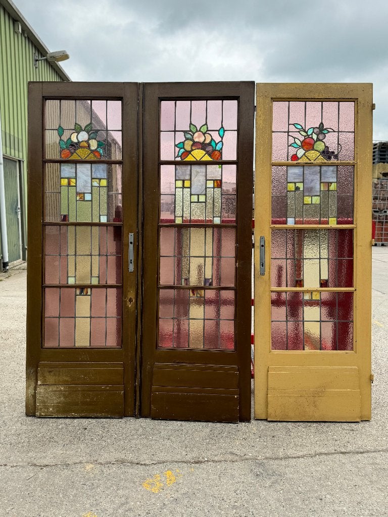 Set Jugendstil glas in lood openslaande deuren 213x144cm., Antiek en Kunst, Ophalen