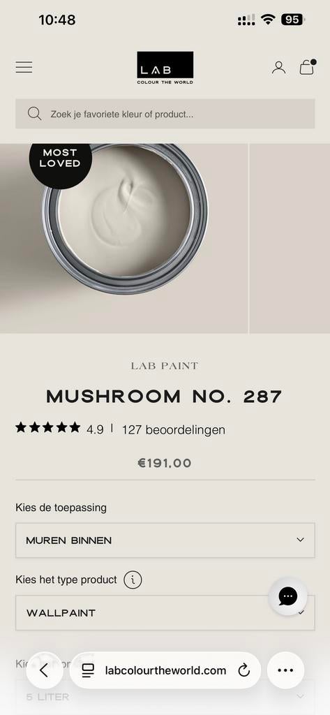 Lab Colour muurverf 5 liter Mushroom nr 287 ongeopend, Ophalen, Overige kleuren, 5 tot 10 liter, Nieuw