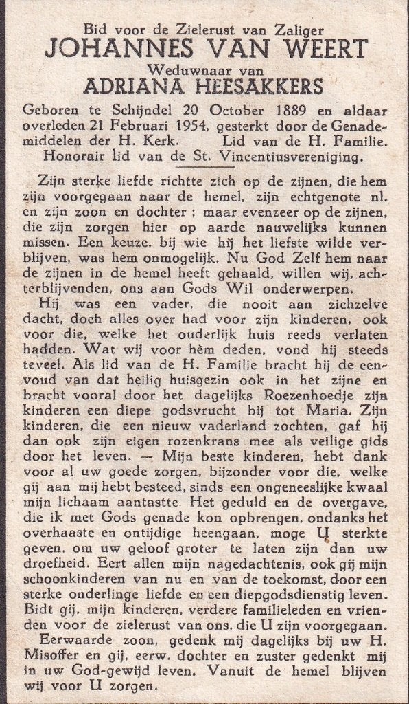 Weert Johannes 1889 Schijndel 1954, Verzamelen, Ophalen of Verzenden, Bidprentje