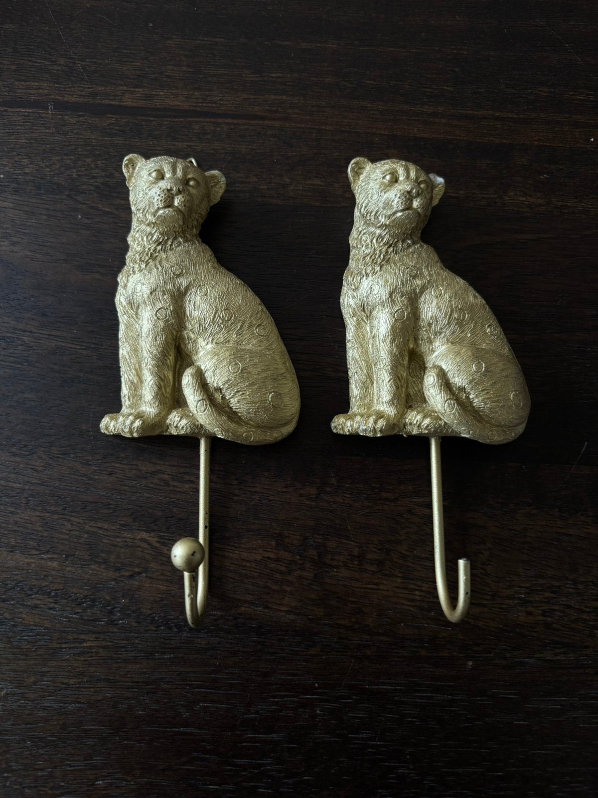 Set van 2 goudkleurige luipaard wandhaken vintage decoratief, Ophalen of Verzenden, Zo goed als nieuw