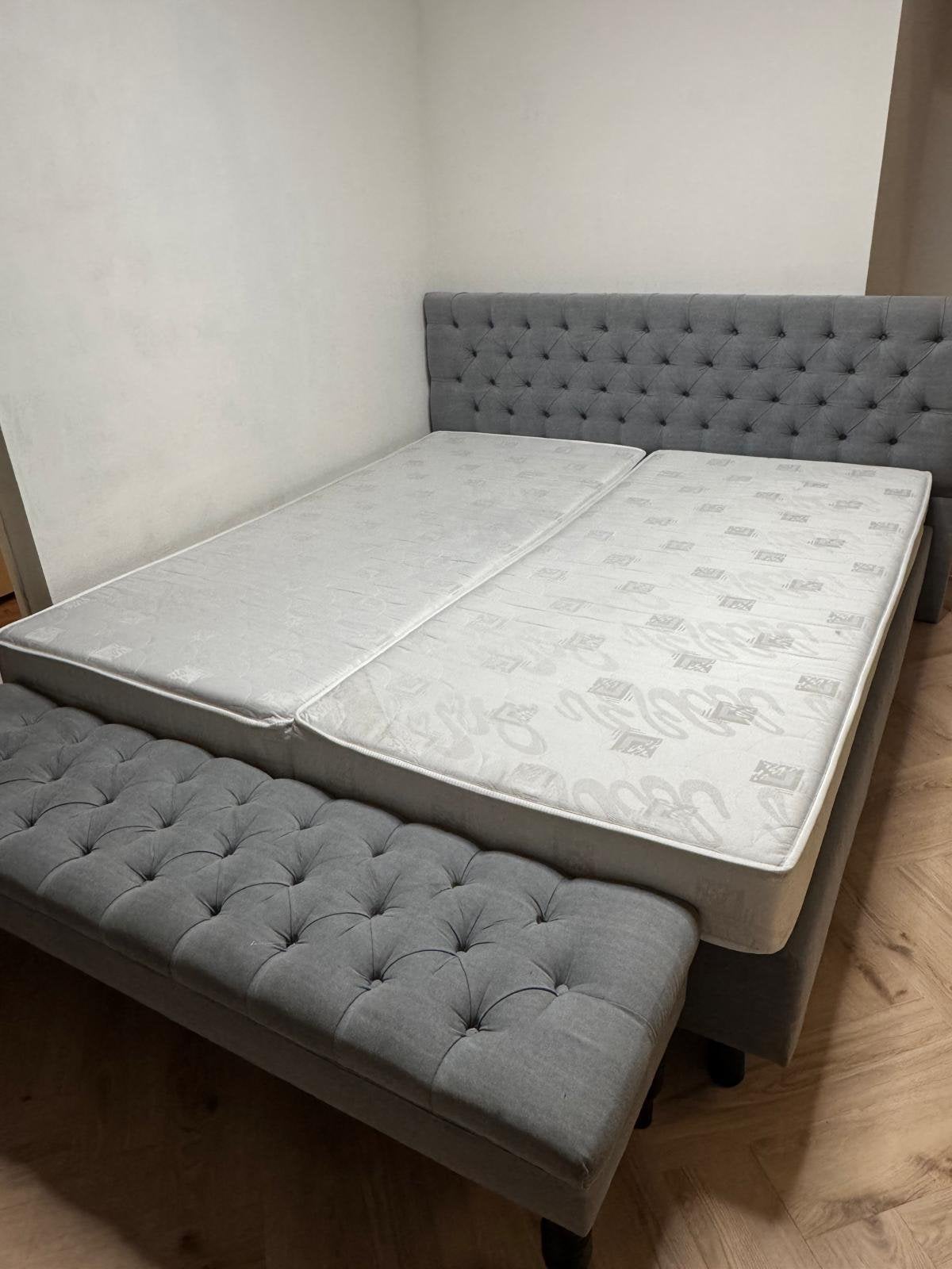 Grijze bed met bankje + matras, Ophalen, Zo goed als nieuw, Tweepersoons, Grijs