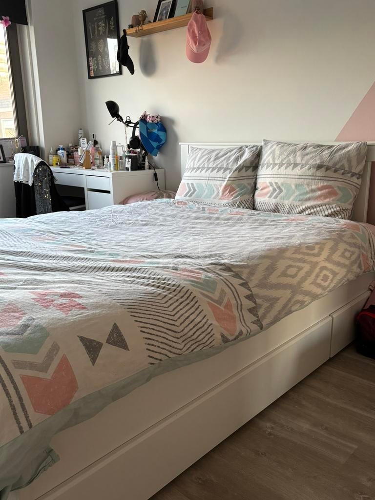 Ikea tweepersoonsbed songesand 140x200+4 lades+lattenbodem, Ophalen, Wit, Tweepersoons, 140 cm