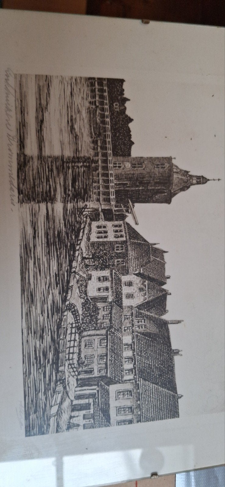 Oude pentekening van enkhuizen gesigneerd, Ophalen of Verzenden, Tekening, Pentekening, Gesigneerd