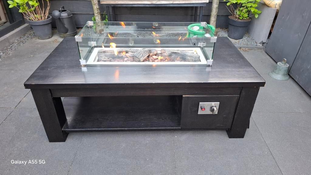 Zwarte vuurtafel met glazen ombouw, Ophalen of Verzenden, Gebruikt, Vuurkorf