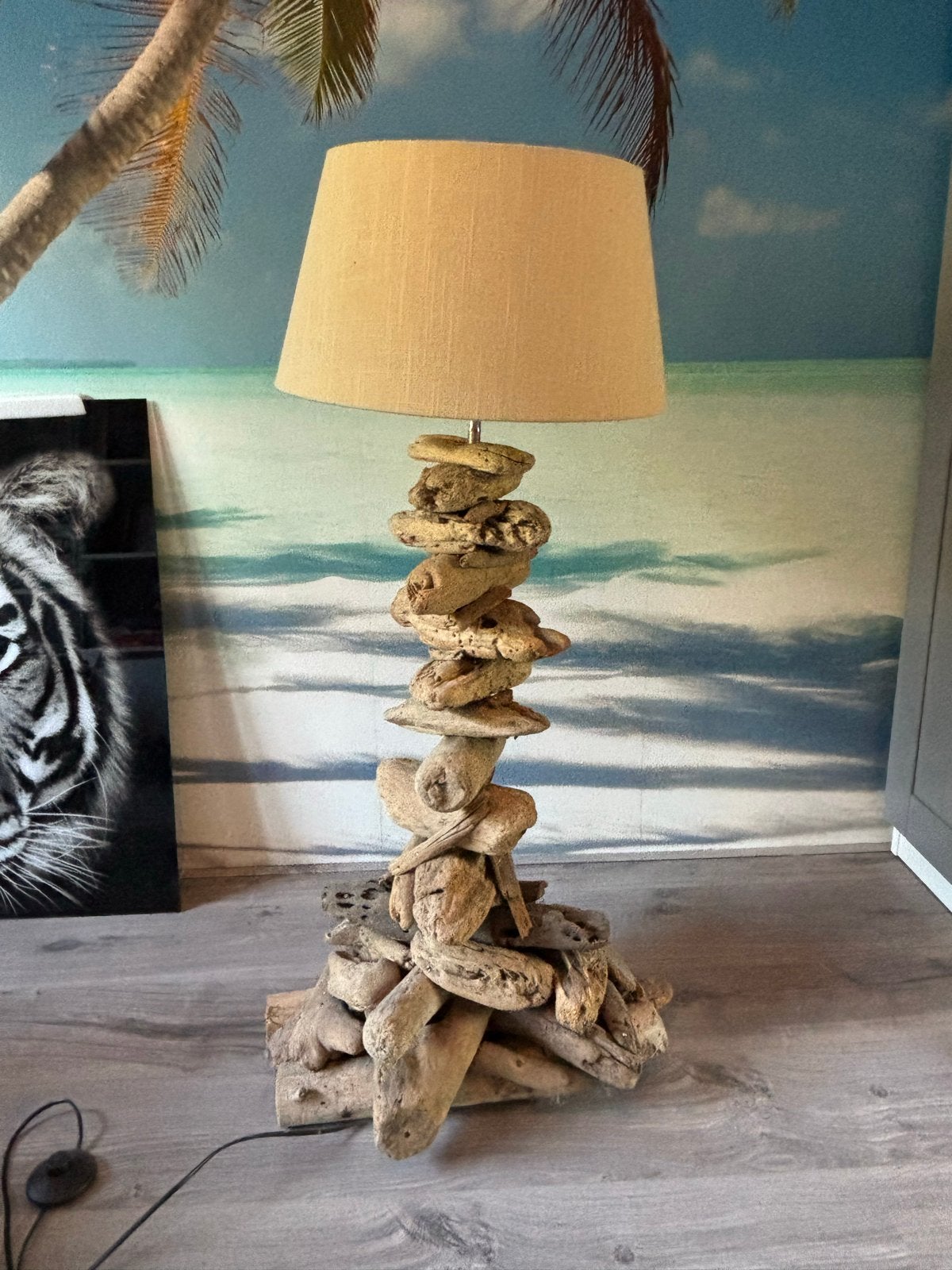 Unieke drijfhout lamp met linnen kap, Bohemian, Zo goed als nieuw, Hout, Ophalen