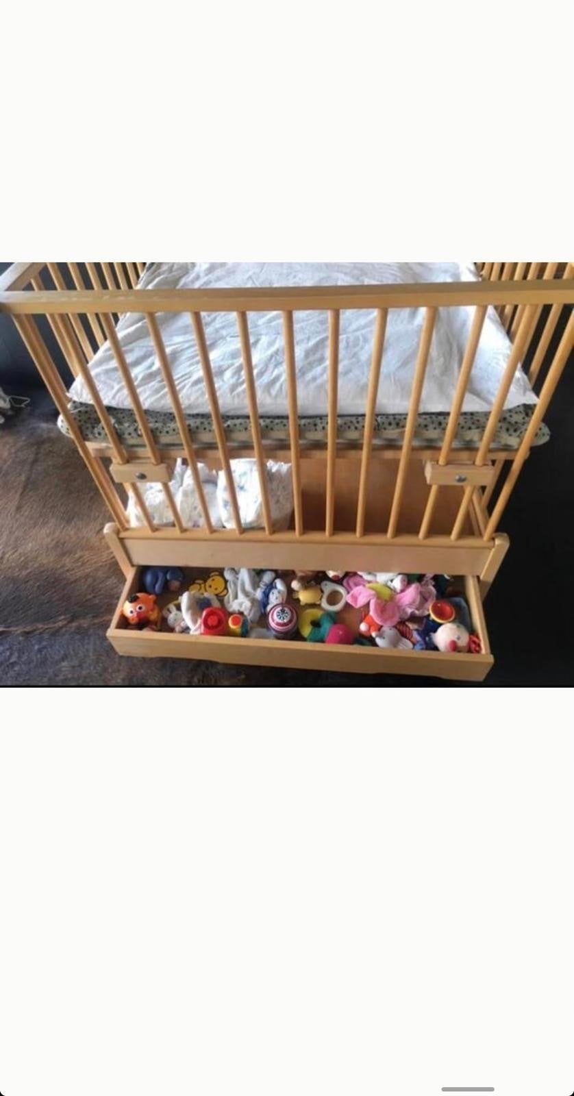 Mooie vintage houten box met matrasje en lade, verstelbaar, Ophalen, Gebruikt, Rechthoekig, In hoogte verstelbaar