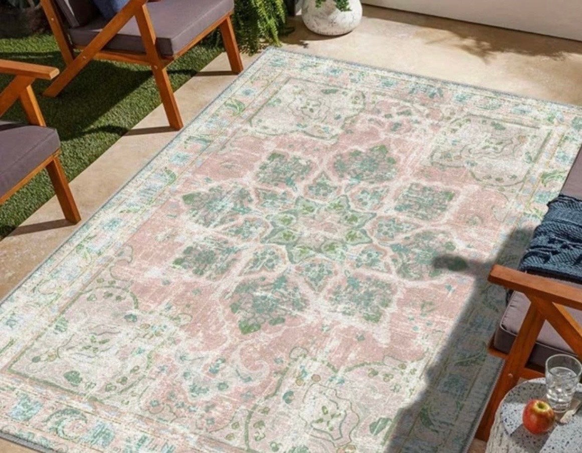 Vintage Roze/Groen Vloerkleed - Oosters Patroon, Huis en Inrichting, Gebruikt, 150 tot 200 cm, 200 cm of meer, Ophalen of Verzenden