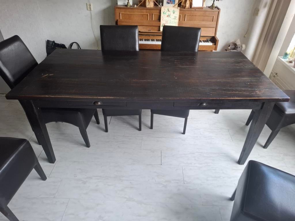 Eettafel met 6 leren stoelen, Ophalen, Gebruikt, 100 tot 150 cm, 200 cm of meer