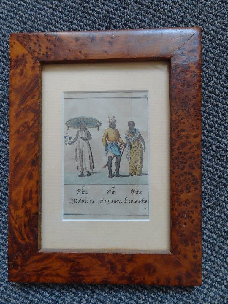 18 eeuwse gravure met 3 personen Molukken,Maleisie, Malakka, Schilderij, Verzenden, Gemerkt, Papier/karton