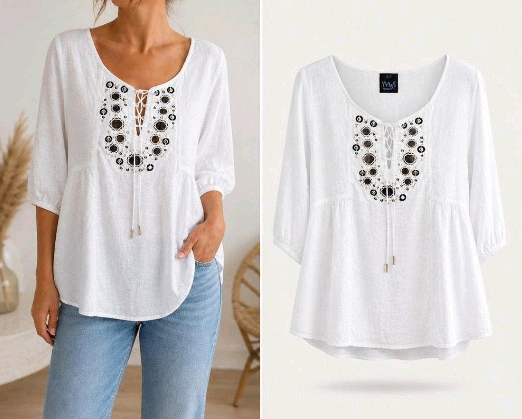 M&S Witte Boho Blouse Maat 42 - 100% Katoen, Wit, Maat 42/44 (L), Ophalen of Verzenden, Zo goed als nieuw