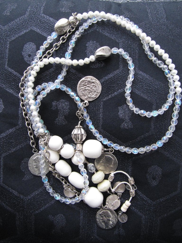 BOHO STYLE IBIZA ketting wit transparant beads coins, Verzenden, Wit, Nieuw, Overige materialen