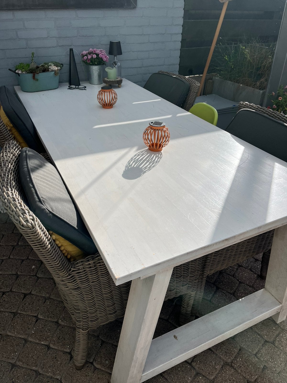 Houten , wit geverfde tuintafel, Tuin en Terras, Ophalen, Gebruikt, Rechthoekig, Hout