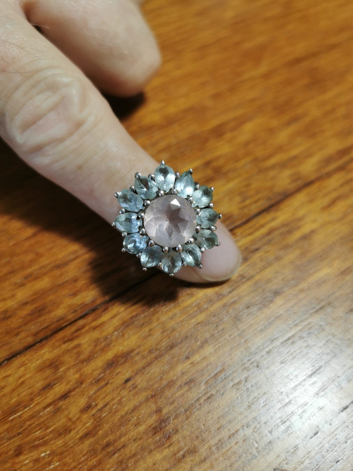 Rozenkwarts en Aquamarijn Ring - Maat 6, Sieraden, Tassen en Uiterlijk, Ringen, Overige materialen, Gebruikt, Ophalen of Verzenden