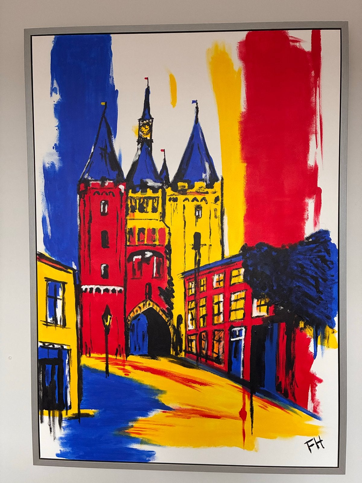 Handgeschilderd schilderij van de Sassenpoort in Zwolle, Ophalen, Abstract, Gesigneerd, Stads- / dorpsgezicht